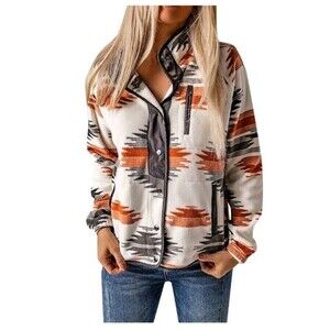 Women's Western Aztec Pattern Button Fleece Jacket White Orange Gray Size M